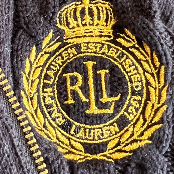 RALPH LAUREN 100% Cotton Navy and Gold Zipper Cable Knit Jacket Size Large - Picture 10 of 11